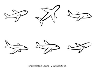 The image is a series of six airplanes in different positions, all drawn in black. The airplanes are all in the air, with some flying close to the ground and others soaring high in the sky