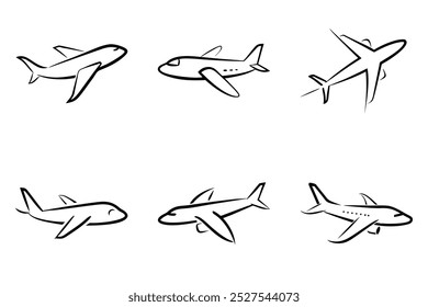 A imagem é uma série de seis desenhos diferentes de aviões, todos desenhados em preto e branco. Os planos são todos de tamanhos e formas diferentes, mas todos eles compartilham um estilo e design semelhantes