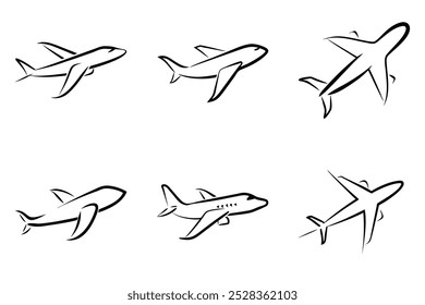 The image is a series of six different airplane designs, all in black and white. The planes are all different shapes and sizes, but they all have the same basic design. Scene is one of simplicity