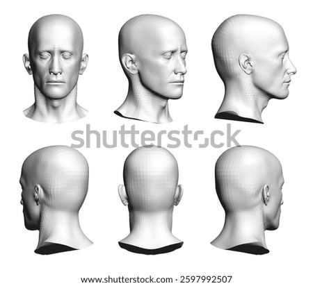 The image is a series of six different headshots of a man's head. The headshots are all in black and white and are all of the same size. The concept of the image is to show the different angles