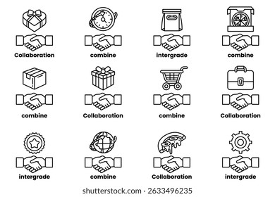 A imagem é um conjunto de 12 apertos de mão diferentes, cada um com um conceito ou ideia diferente