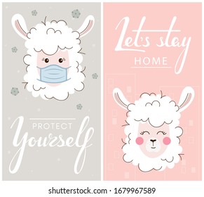 Image set:
1-An alarmed lama in medical mask for prevent virus and the inscription "Protect Yourself".
2-A happy lama among the houses and the inscription"let's stay home".
Vector Cartoon Illustration