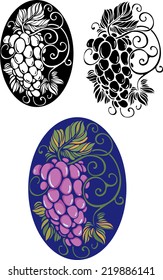 image set of bunch of grape in oval shape in black and white and color