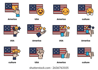 The image is a set of cartoon faces with the American flag in the background. The faces are all different expressions, including thumbs up, thumbs down, and a heart
