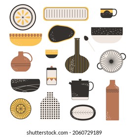 Imagen de un conjunto de platos de cerámica de fondo blanco, de estilo moderno