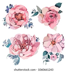 The image of the set with colored flowers, peonies and roses. Vector