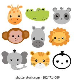 Image with a set of cute animal faces on a white background, in vector graphics. For wallpaper decoration, prints for childrens clothing, notebook covers, textiles, wrapping paper.