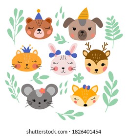 Image with a set of cute animal faces and leaves on a white background, in vector graphics. For wallpaper decoration, prints for childrens clothing, notebook covers, textiles, wrapping paper.