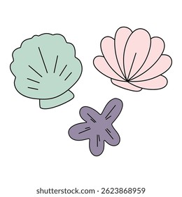 An image of a set of exotic shells of different shapes and a starfish on a white background in a flat style.