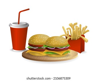 Image of a set of fast food food: cola, burger and french fries