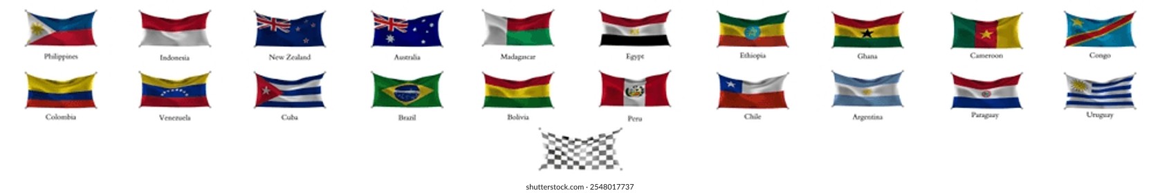 La Imagen es un conjunto de banderas de diferentes países, hechas en formato Vector. Cada bandera tiene un diseño único y colores brillantes, que simbolizan la identidad nacional y la diversidad.