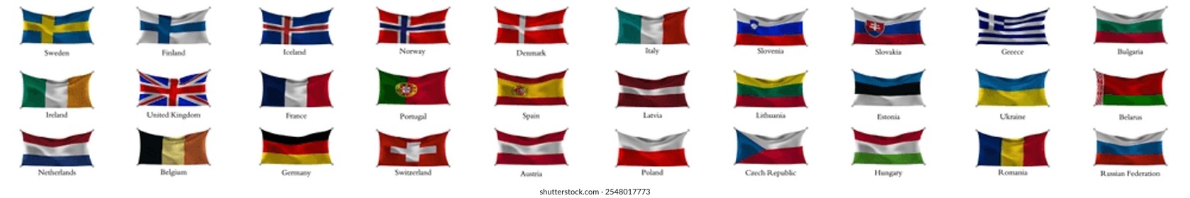 La Imagen es un conjunto de banderas de diferentes países, hechas en formato Vector. Cada bandera tiene un diseño único y colores brillantes, que simbolizan la identidad nacional y la diversidad.