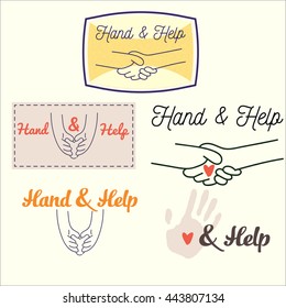 Image Set handshakes and hands holding the heart of the thin lines with text. Relationships people vector illustration