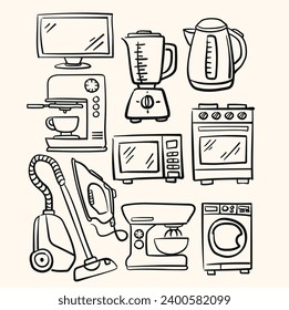 Imagen de un conjunto de electrodomésticos dibujados en forma de doodle lineal con fondo de crema