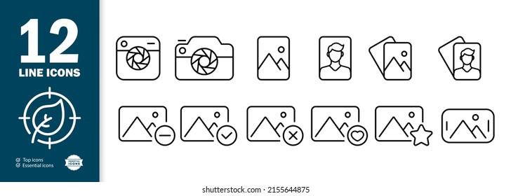Image set icon. Camera, shooting, photographing, gallery, photos, favorites, new images. Media concept. Vector line icon for Business and Advertising
