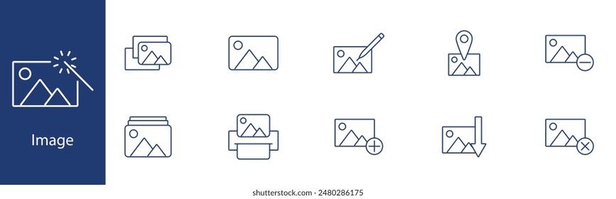 Image set icon. Photo, edit, gallery, location, delete, add, download, magic wand, picture, graphic. Photography, image editing, visual content concept.