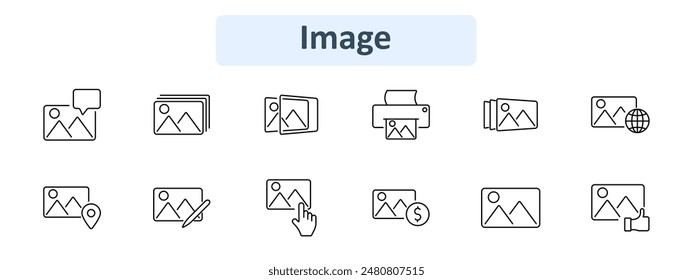 Image set icon. Picture, gallery, printer, photo album, global image, location, edit, select, dollar, like. Photography, media, digital content, visual concept