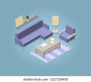 Image (set) of a living room in isometry. Each item in a separate group