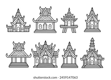 The image is a set of nine different buildings with Asian designs. The buildings are all lined up next to each other, and they all have a similar style