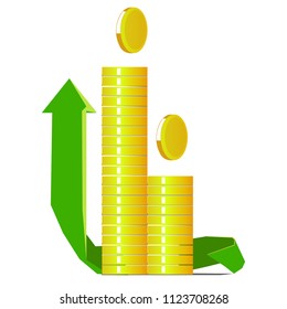 The image of a set of objects. Among them there are coins and an arrow going up.
