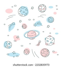 Image of a set of planets and stars, space, doodle