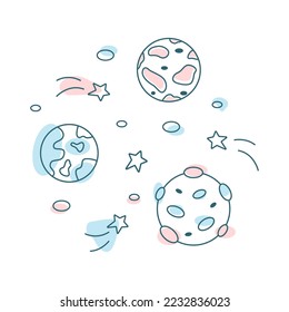 Image of a set of planets and stars, space, doodle