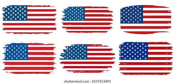 The image is a set of six American flags, each with a different color scheme. The colors are red, white, and blue, and the flags are arranged in a row. The flags have a worn and faded appearance