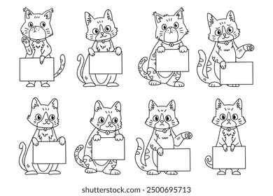 The image is a set of six black and white drawings of cats holding up a sign. The cats are all different sizes and poses, but they all have the same sign in their paws