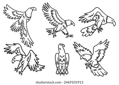 The image is a set of six drawings of birds in flight. The birds are all different sizes and are positioned at various angles, with some standing and others flying. The drawings are all in black