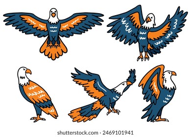 The image is a set of six drawings of birds in flight. The birds are all different sizes and are positioned at various angles, with some standing and others flying. The drawings are all in black
