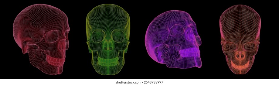 The image is a set of skulls made in the form of a grid frame of different colors on a white background. This is a digital 3D model demonstrating the modeling technique. Vector illustration.