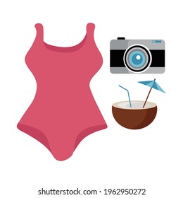 Image of a set of summer vacation items, a swimsuit, a coconut and a camera