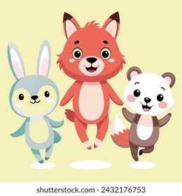 Image set of three cute cartoon animals: a qute bear, a playful fox, and a hopping rabbit. Vector flat images of animals for postcards, invitations, textiles, various types of printing