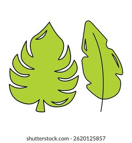 An image of a set of tropical green palm leaves on a white background in a flat style. Exotic palm plants and flowers in the jungle.