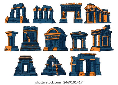 The image is a set of twelve different architectural designs, all of which are drawn in black and white. The buildings vary in style and size, with some featuring domes and others having arches