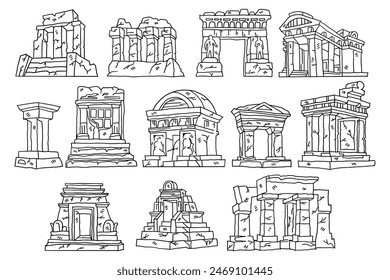 The image is a set of twelve different architectural designs, all of which are drawn in black and white. The buildings vary in style and size, with some featuring domes and others having arches
