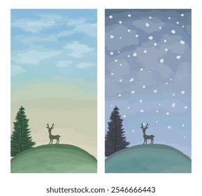 Image set with two different illustrations of a deer in a landscape setting. One depicts summer, the other winter