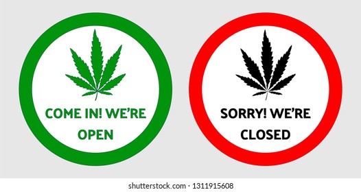 Image set of various door signs OPEN and CLOSED for shop, cafe, restaurant with selling legalized cannabis. Flat trendy vector illustration