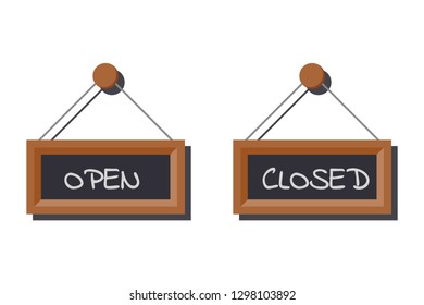 Image set of various open and closed business signs on slate board written in chalk isolated on a white background. Vector flat cartoon style illustration.