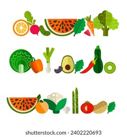 Image of a set of vegetables and fruits products on a white background