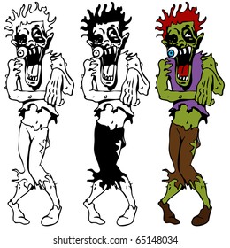 An image of a set of zombie creatures in color plus black and white.