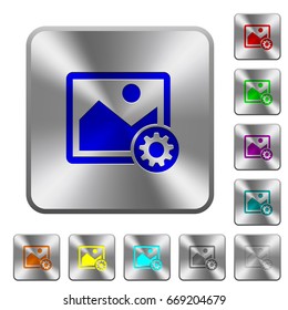 Image settings engraved icons on rounded square glossy steel buttons
