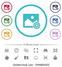 Image settings flat color icons in circle shape outlines. 12 bonus icons included.