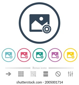 Preferencias de imagen iconos de color plano en contornos redondos. 6 iconos de bonificación incluidos.