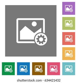 Image settings flat icons on simple color square backgrounds