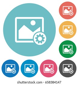 Image settings flat white icons on round color backgrounds