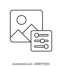 Image settings sliders line icon. Photo adjustment, color retouching, filter options, and image properties symbol. Vector illustration.