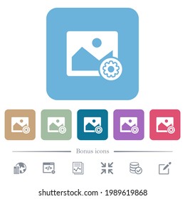 Configuración de la imagen iconos planos blancos en fondo cuadrado redondeado de color. 6 iconos de bonificación incluidos