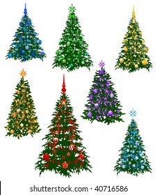 The image of the seven christmas fur-tree decorated by a holiday on rainbow color