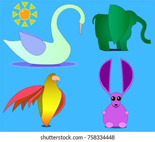 An image of several beasts and sun. Among the living beings there is a swan, an elephant, an eagle and an animal with large ears.